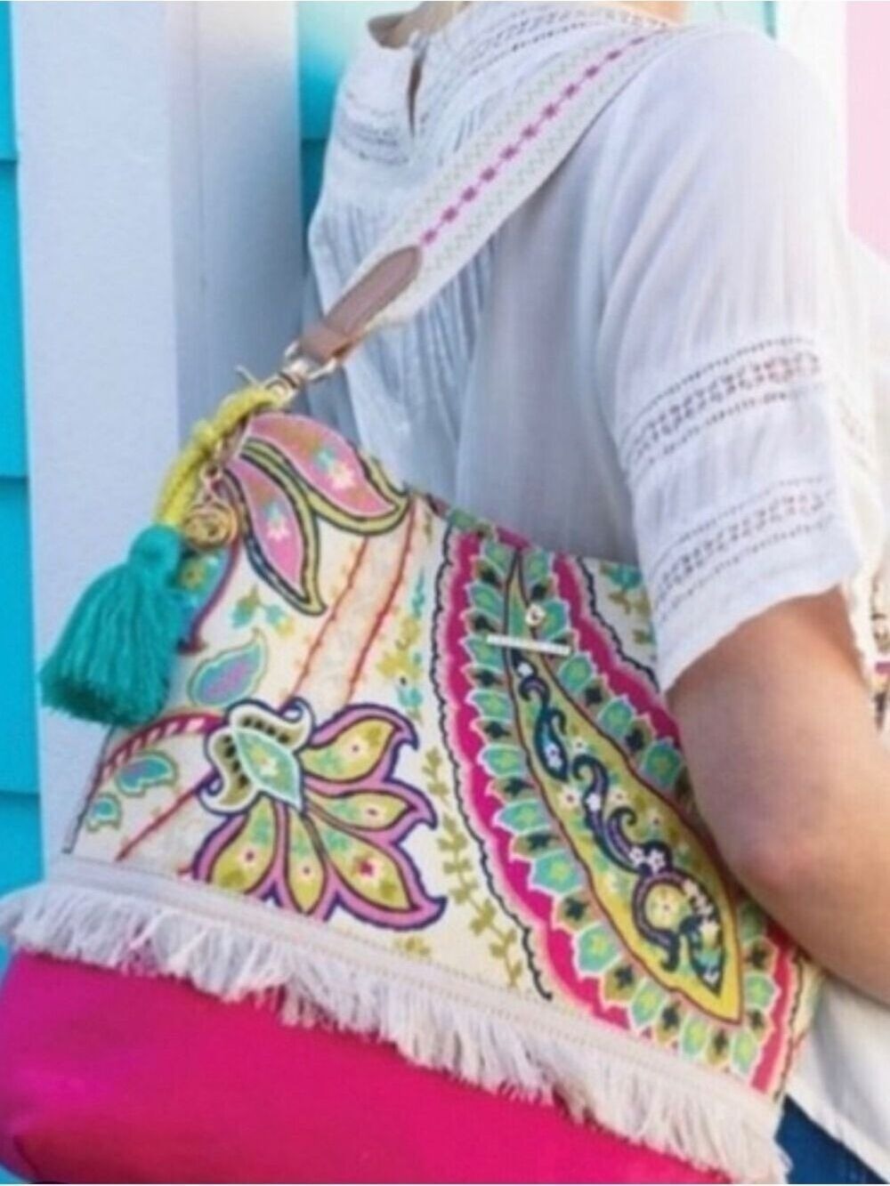 SPARTINA 449 Salt Meadow  Boho Floral Tote Bag With Fringe Pink Green Multicolor